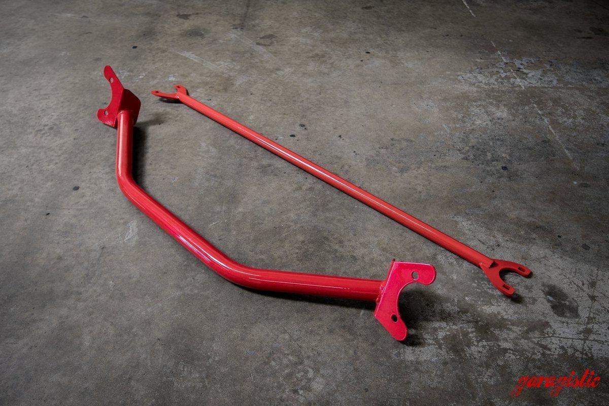 E30 Front + Rear Strut Bar Package-Steel parts-Red-Garagistic