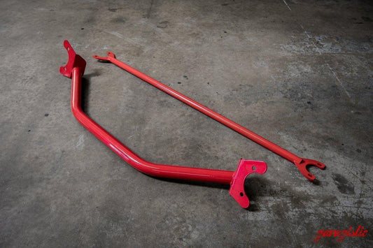 E30 Front + Rear Strut Bar Package-Steel parts-Red-Garagistic
